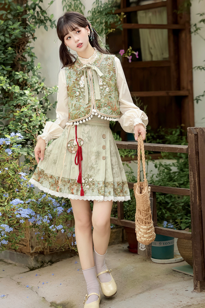 Forest Chinese-style Vest + Blouse + Skirt