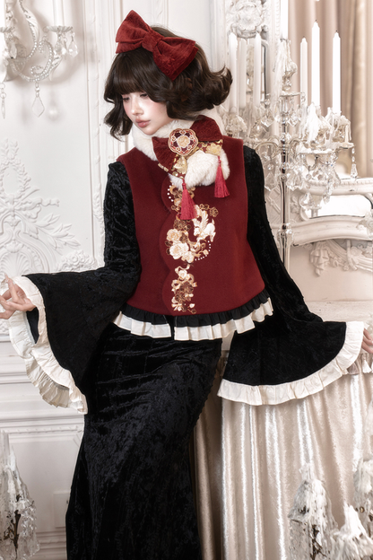 Retro Fish Tail Chinese-style Dress + Vest + Fur Scarf