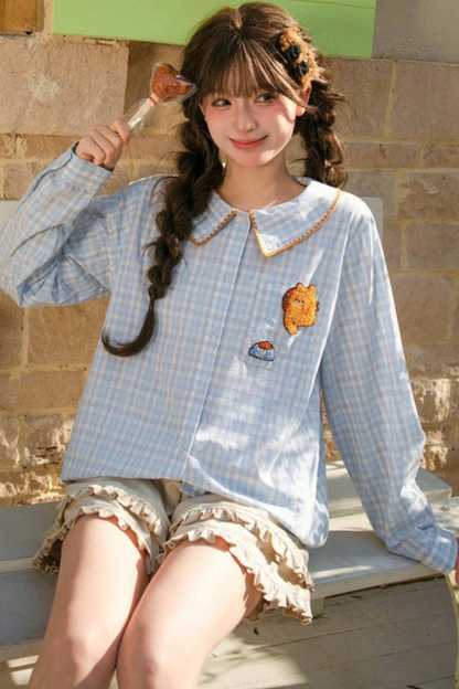 Cat Embroidered Plaid Blouse