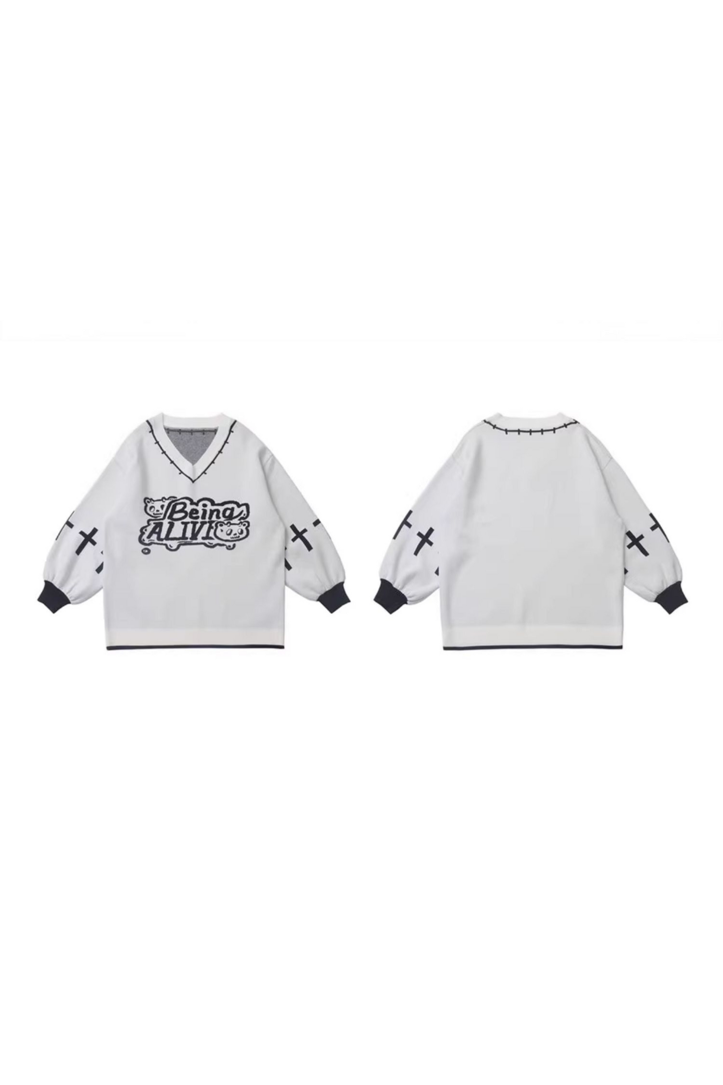 Cat Ear Hooded Top + Loose Knit Sweater + Cargo Pants + Strap Skirt