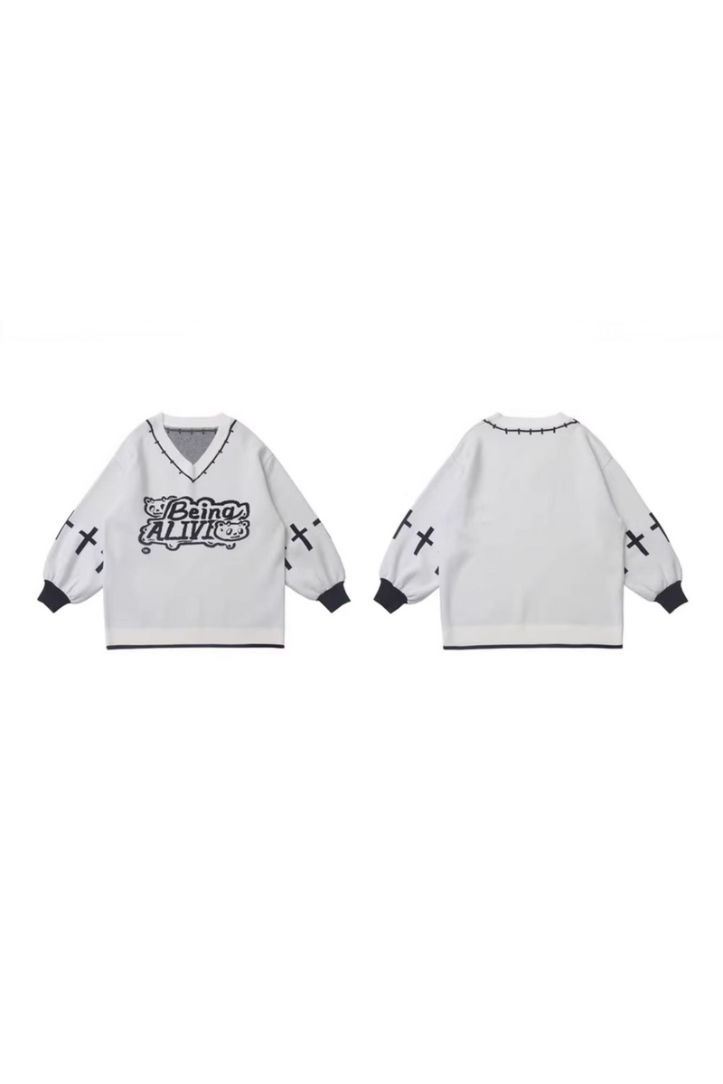 Cat Ear Hooded Top + Loose Knit Sweater + Cargo Pants + Strap Skirt