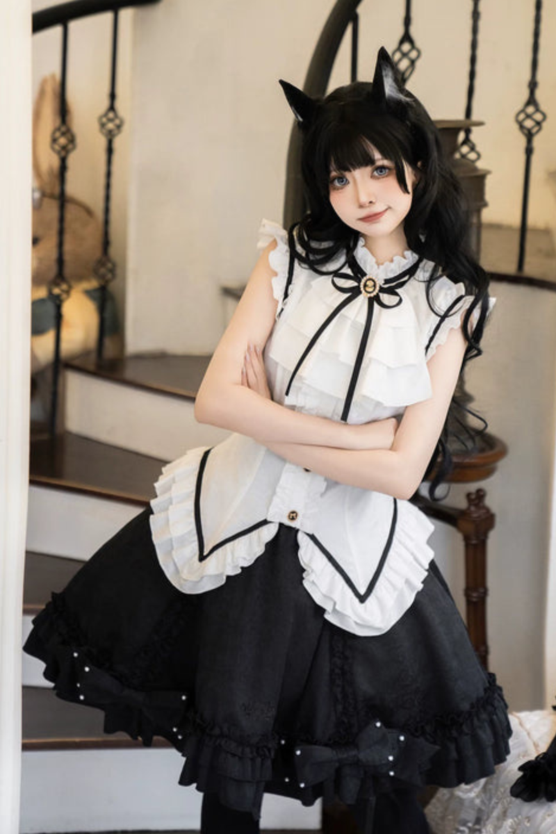 Flying Sleeve Sweet Dark Top + Flare Skirt