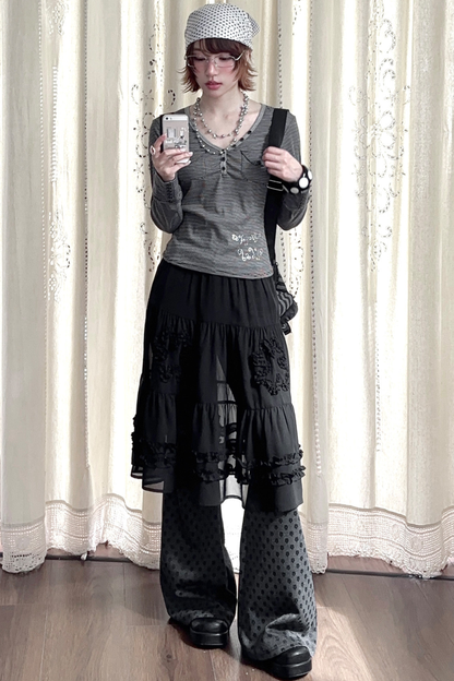 Y2k Striped V-neck Top + Skirt + Pants