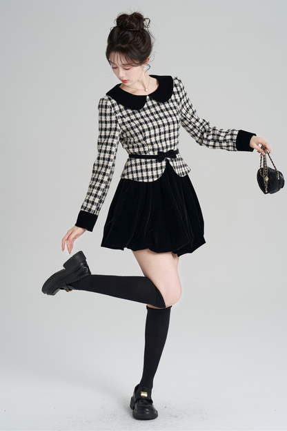 Velvet Monochrome Plaid Dress