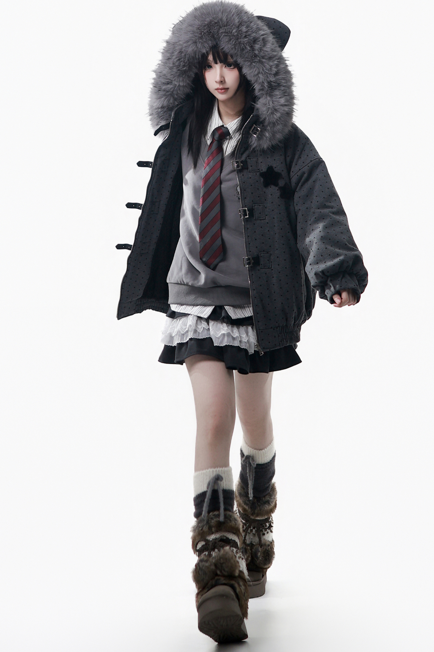 Big Fur Collar Jacket + Top + Skirt + Pants + Plaid Hooded Jacket