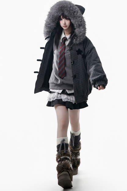 Big Fur Collar Jacket + Top + Skirt + Pants + Plaid Hooded Jacket