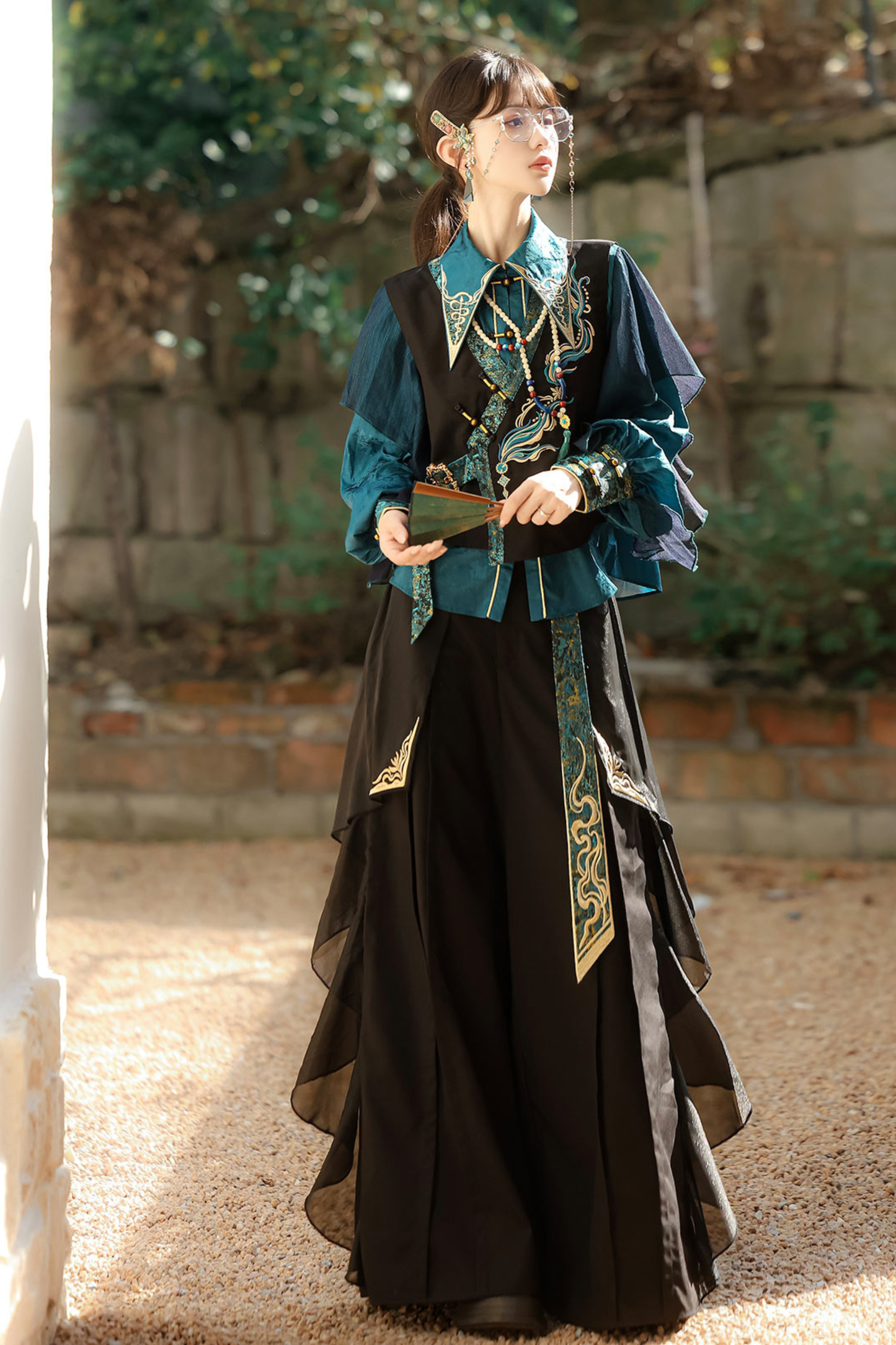 Ruan Chinese-style Top + Vest + Wide Leg Pants + Necklace