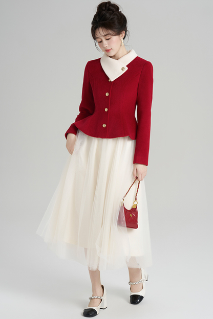 Red Wool Waist Cinching Coat + Long Dress