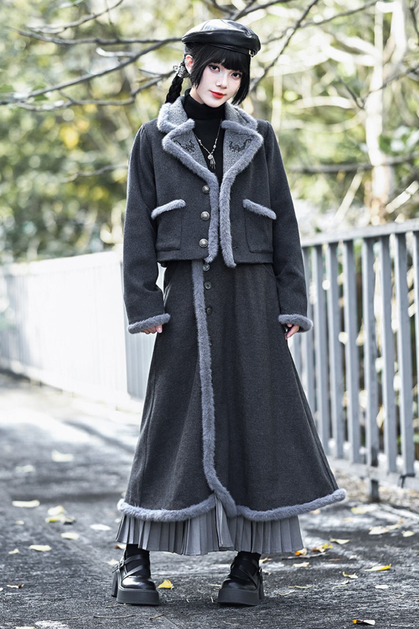 Retro Mode Faux Fur Short Jacket + Skirt