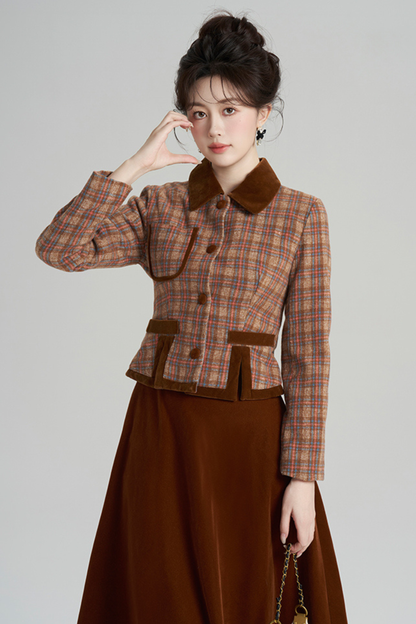 Plaid Jacket + Retro Plaid Velvet Skirt