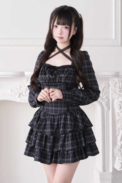 Striped Plaid Cross Neck Ruffle Dress