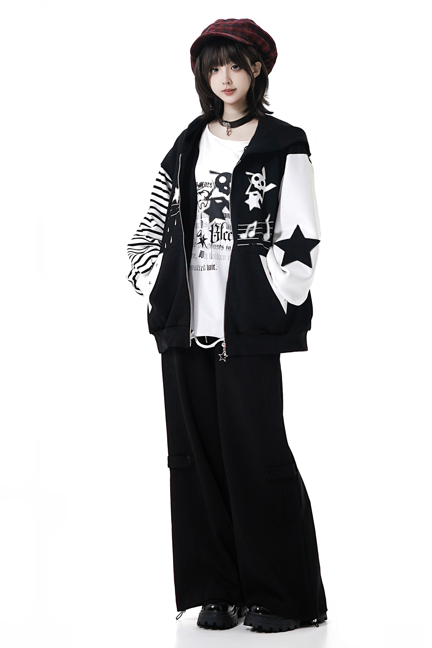 Striped Rock Print Hoodie Jacket + Tops + Long Pants + Skirt