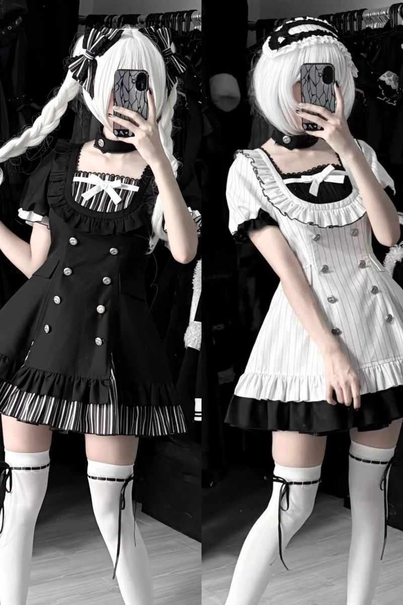 Gothic Lolita Striped Dress + Headband + Clip