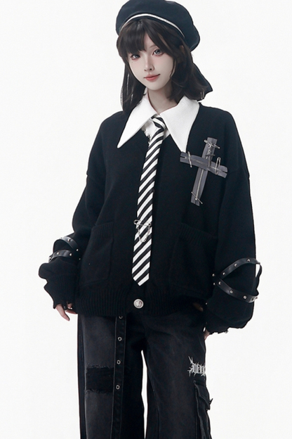 Cross Trim Cardigan + Shirt + Tie + Pants