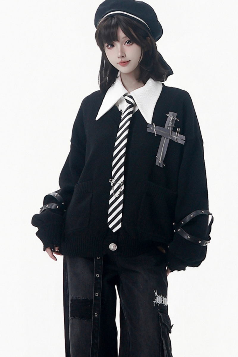 Cross Trim Cardigan + Shirt + Tie + Pants