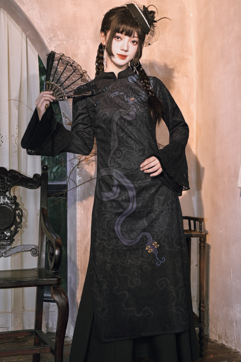 Dark Print Cheongsam Dress + Cape