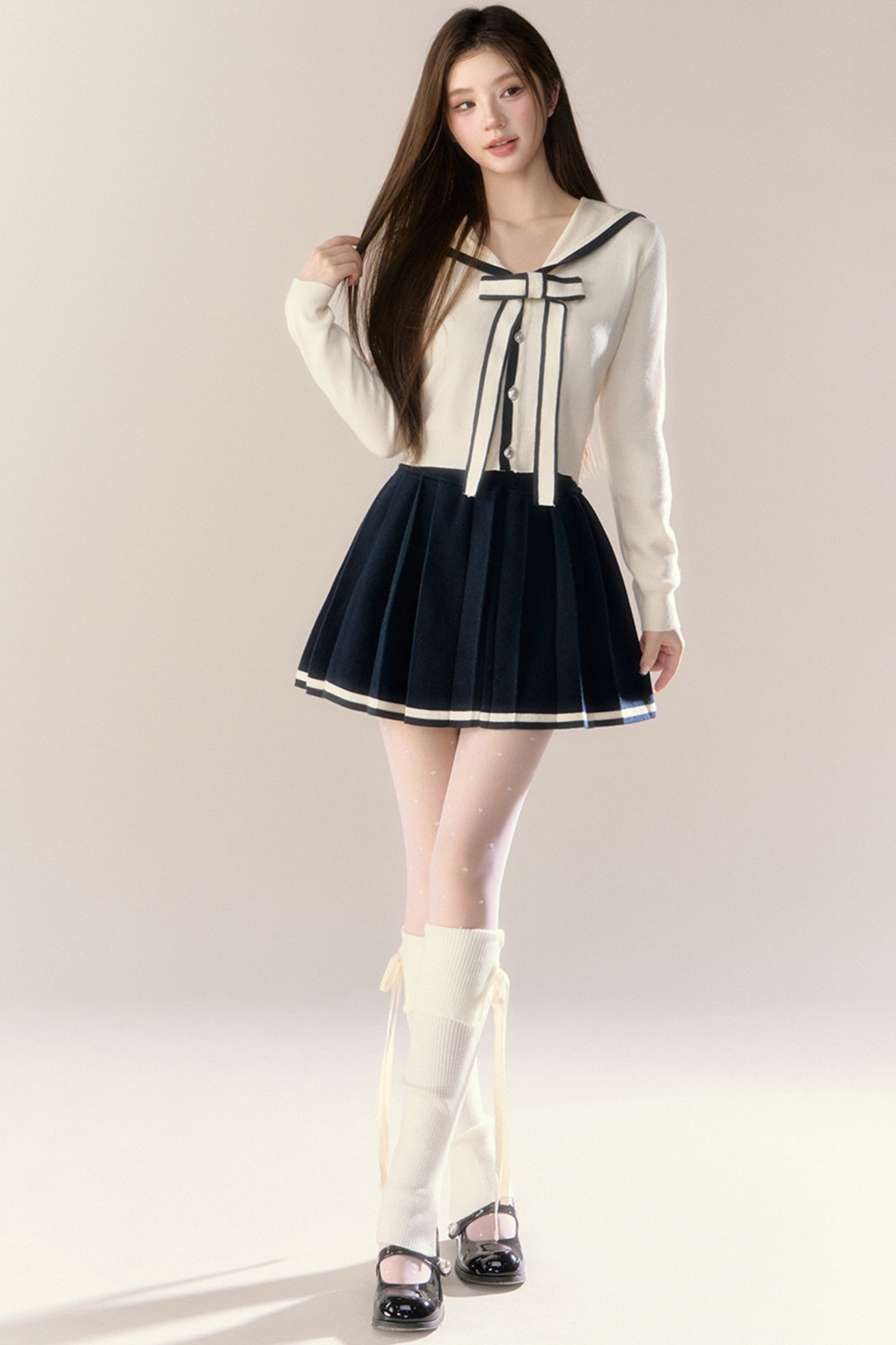 Sailor Ribbon Cardigan + Pleated Skirt