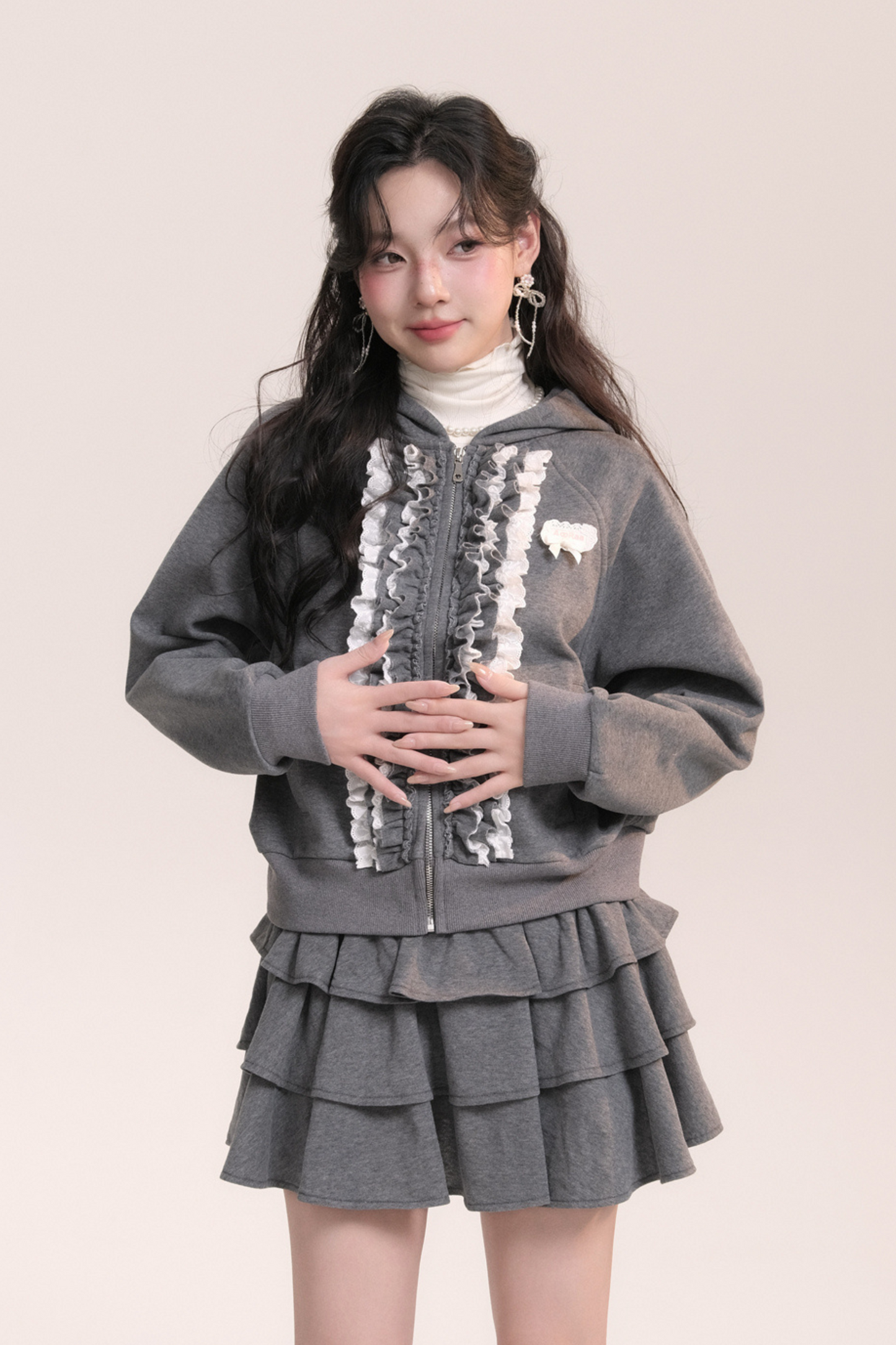 Ballet Lace Sweatshirt Hooded Jacket + Tiered Skirt