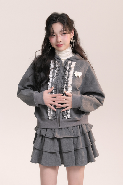 Ballet Lace Sweatshirt Hooded Jacket + Tiered Skirt