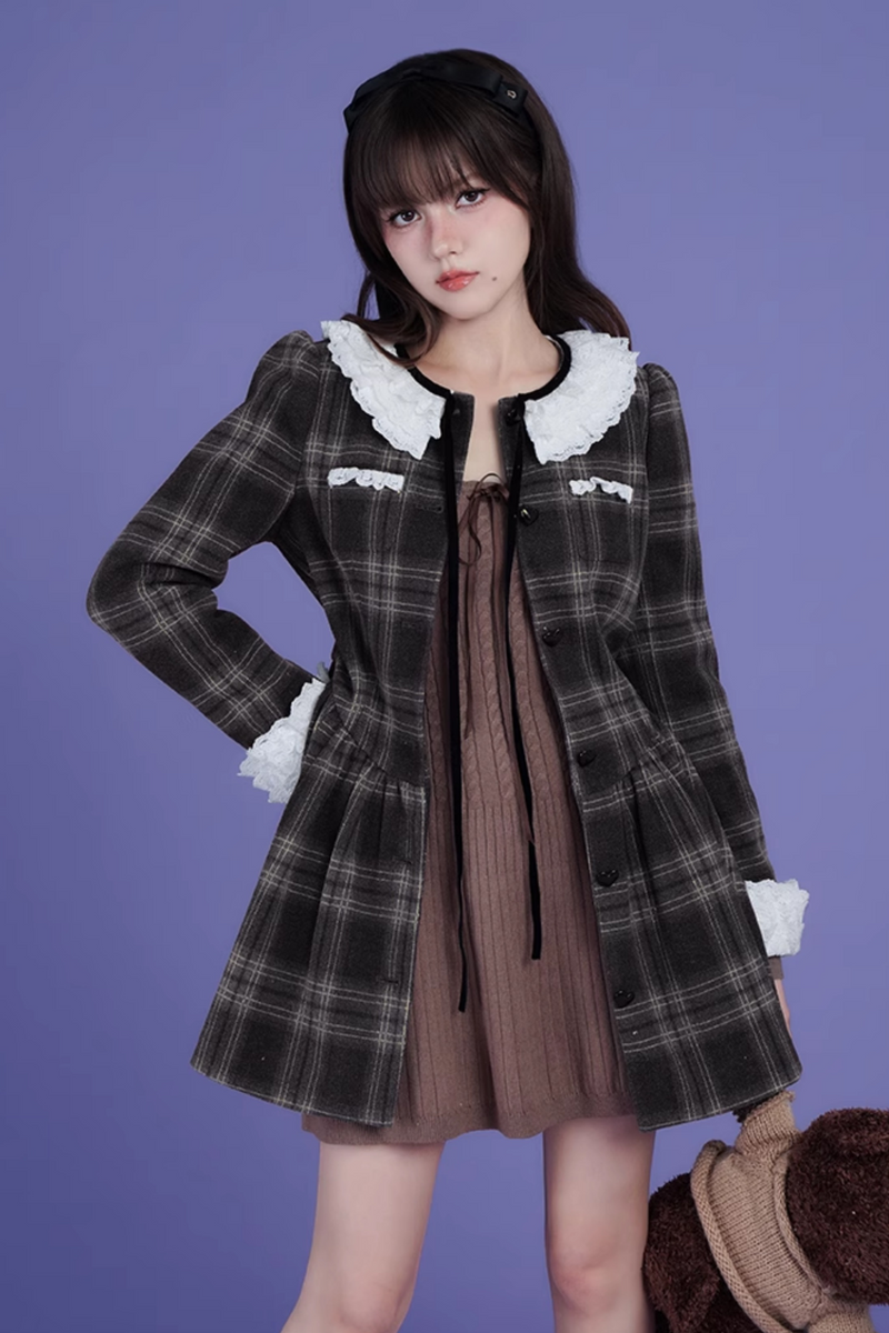 Lace Collar Wool Plaid Dress Coat
