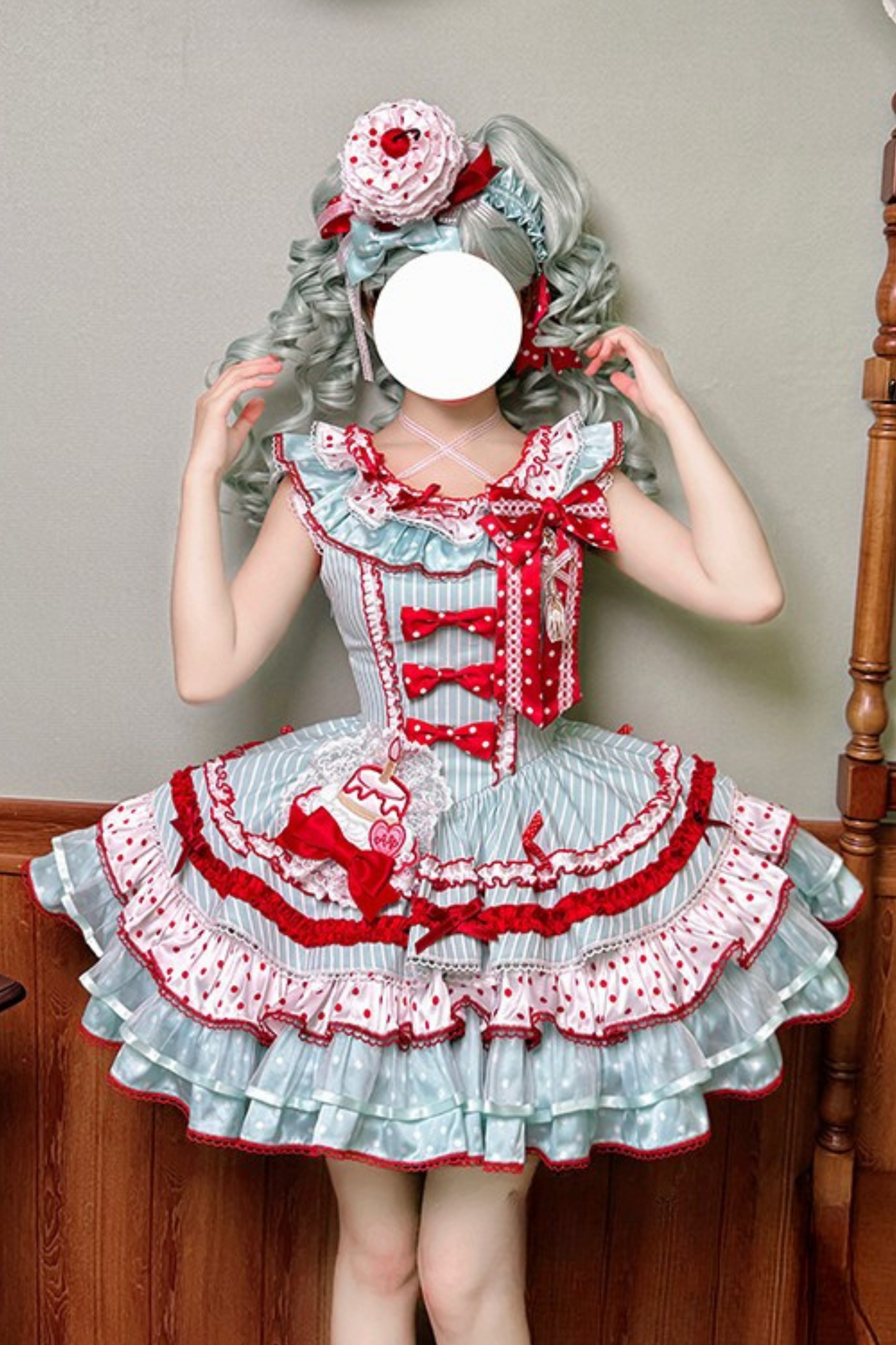[pre-order Deadline: April 3] Twin Tiered Lolita Dot Ribbon Striped Dress + Flower Bud Skirt Dress