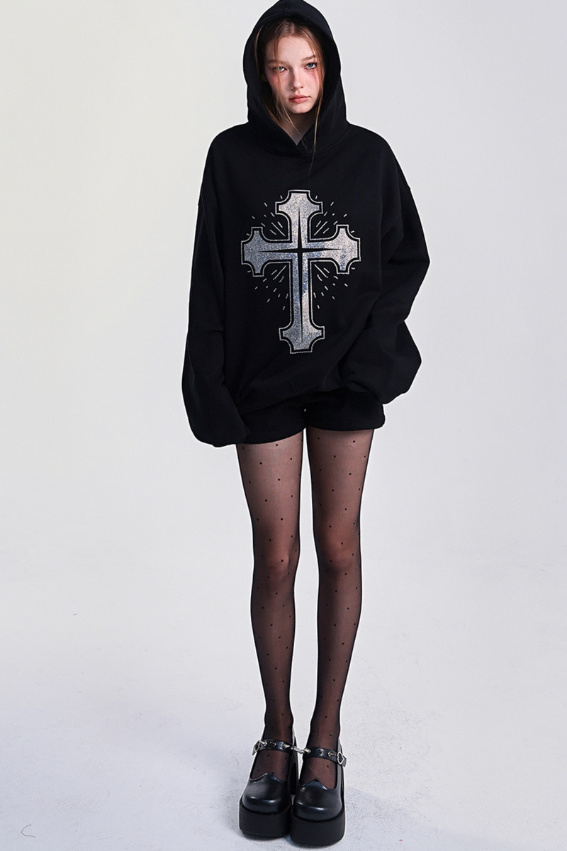 Big Cross Design Loose Hooded Sweatshirt