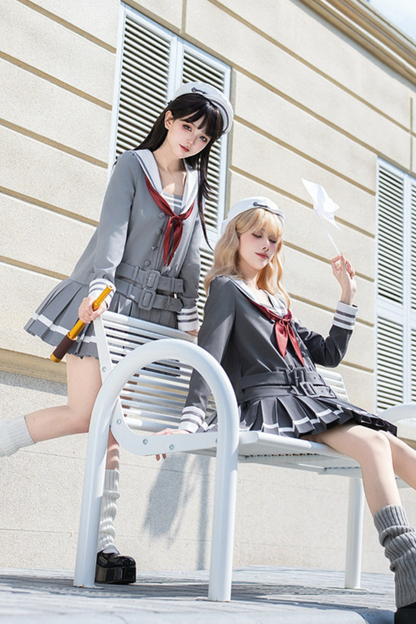 Sailor Collar Pleated College Dress + Ribbon + Hat