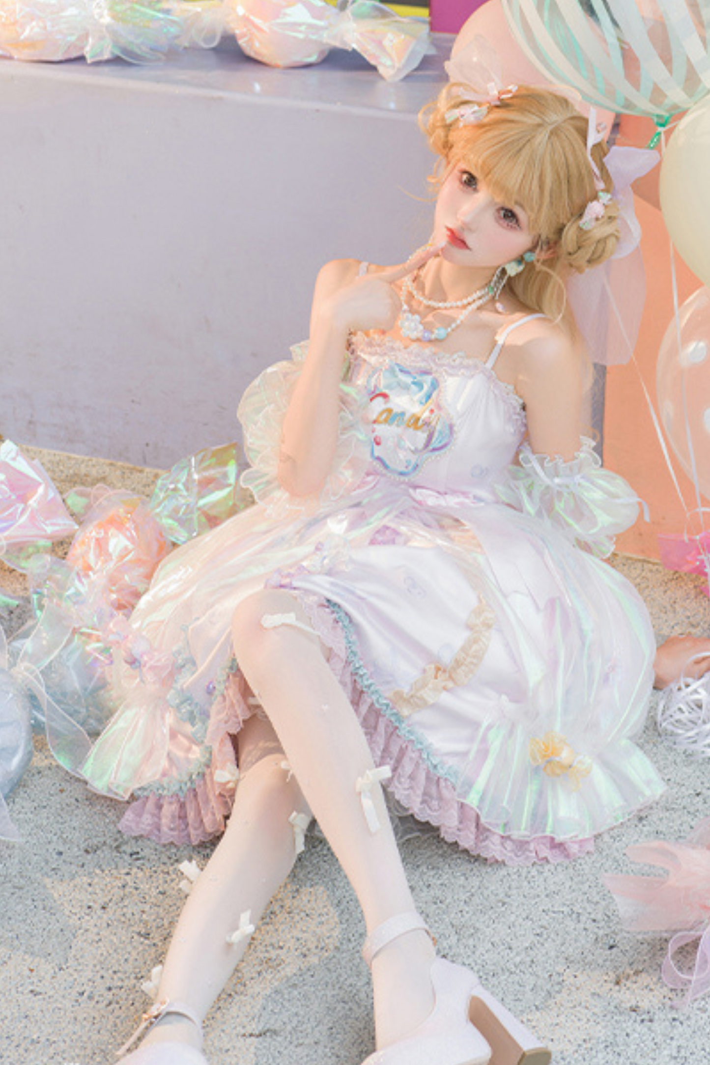 Candy Pop Balloon Lolita Jumperskirt + Pearl Necklace