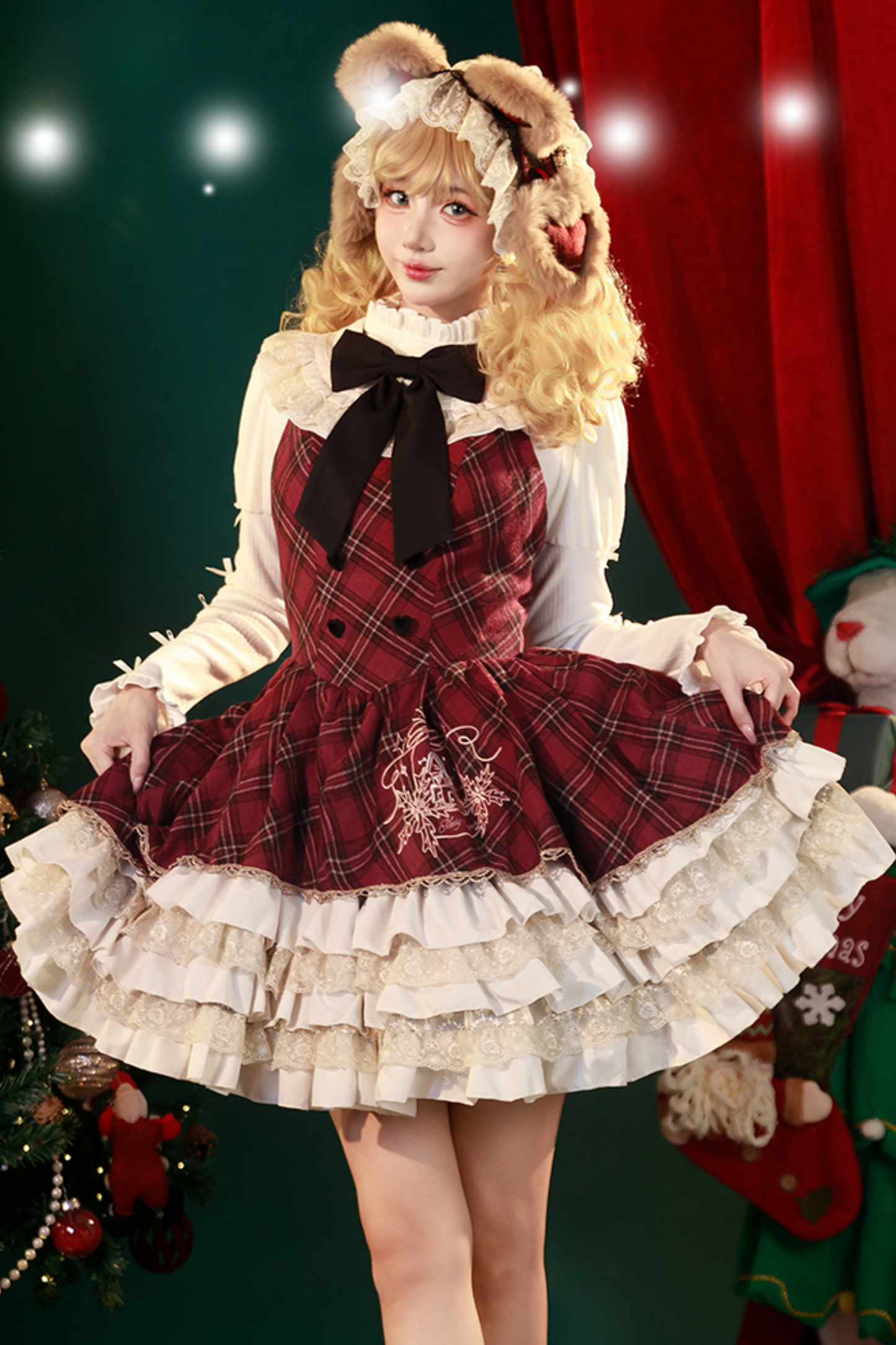 [pre-order] Plaid Lolita Jsk + Hooded Cloak + Knit + Bear Headband