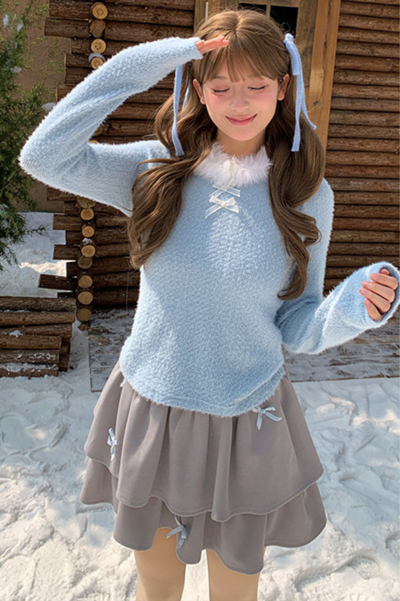 Sweet Ribbon Fur Knit Top