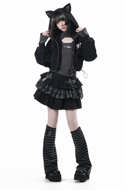 Cat Ear Jacket + Tiered Skirt + Top + Striped Leg Warmers
