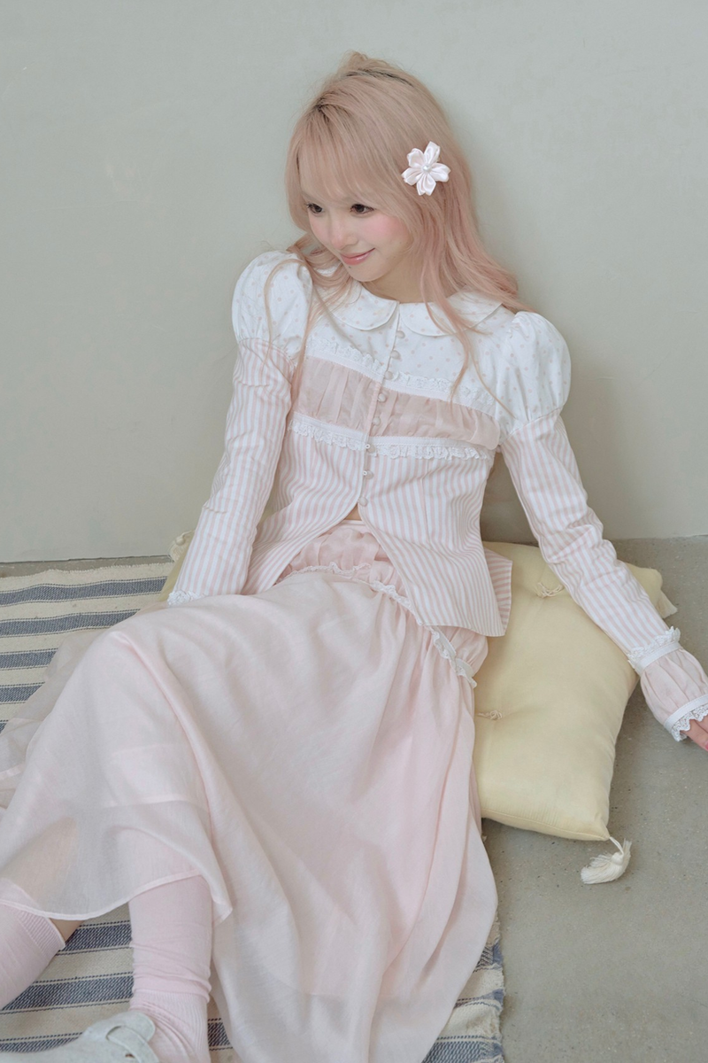 Striped Doll Collar Puff Sleeve Shirt