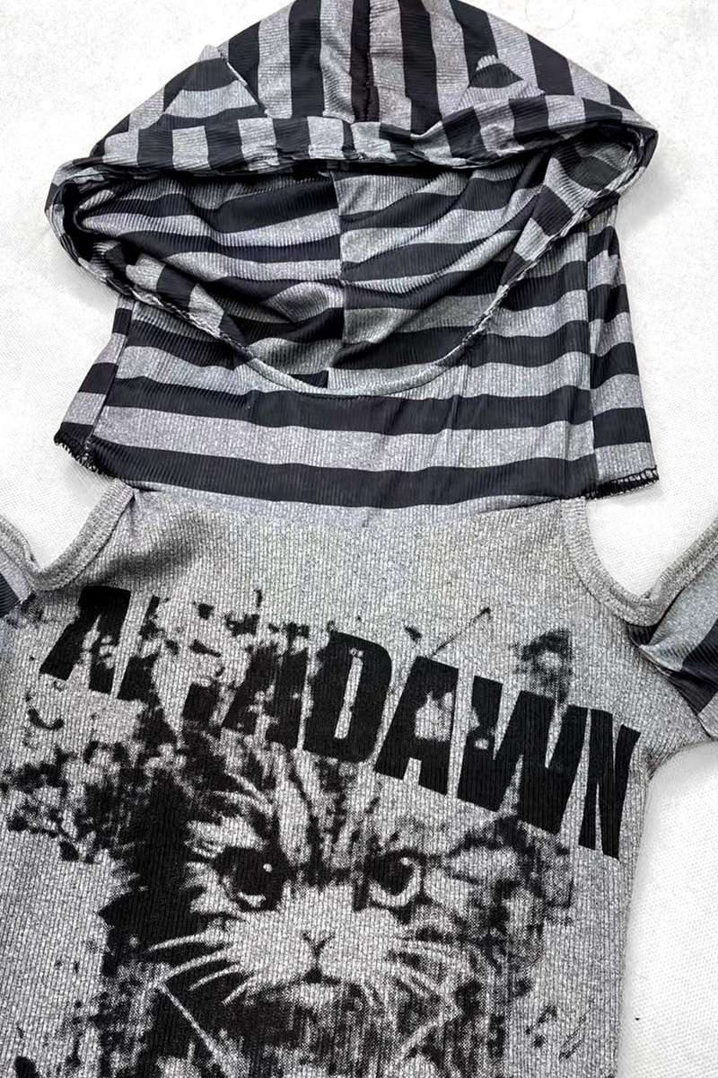 Striped Cat Patchwork Hooded Top