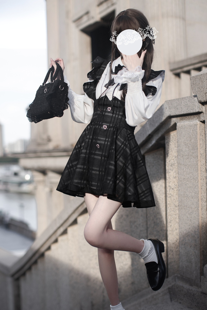 Ruffle Plaid Short Suspender Skirt + Shirt + Ribbon
