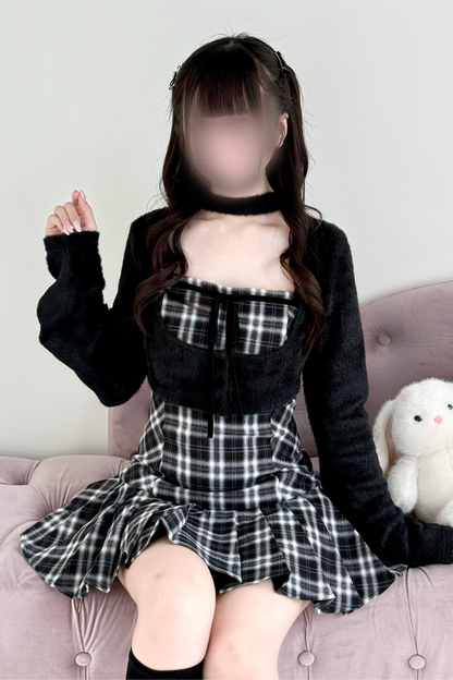 Checked Flared Dress + Short Cardigan