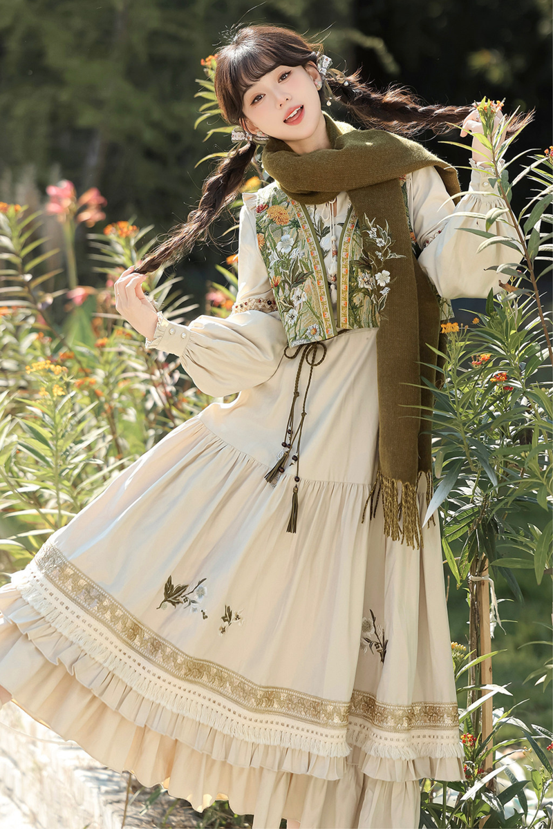 Pastoral Lolita Long Sleeve Dress + Vest + Scarf