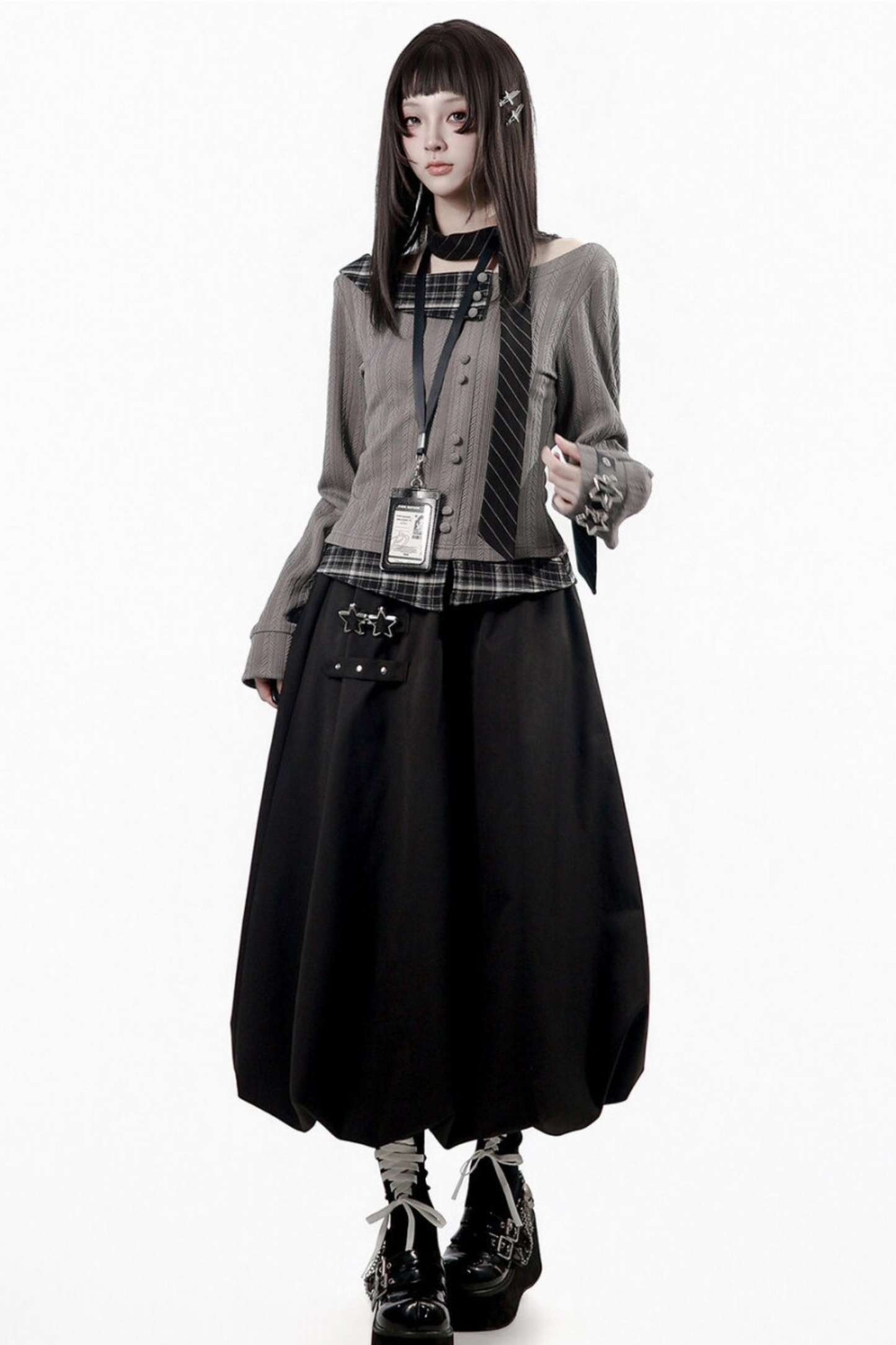 Y2k Dark Top + Flare Skirt + Scarf
