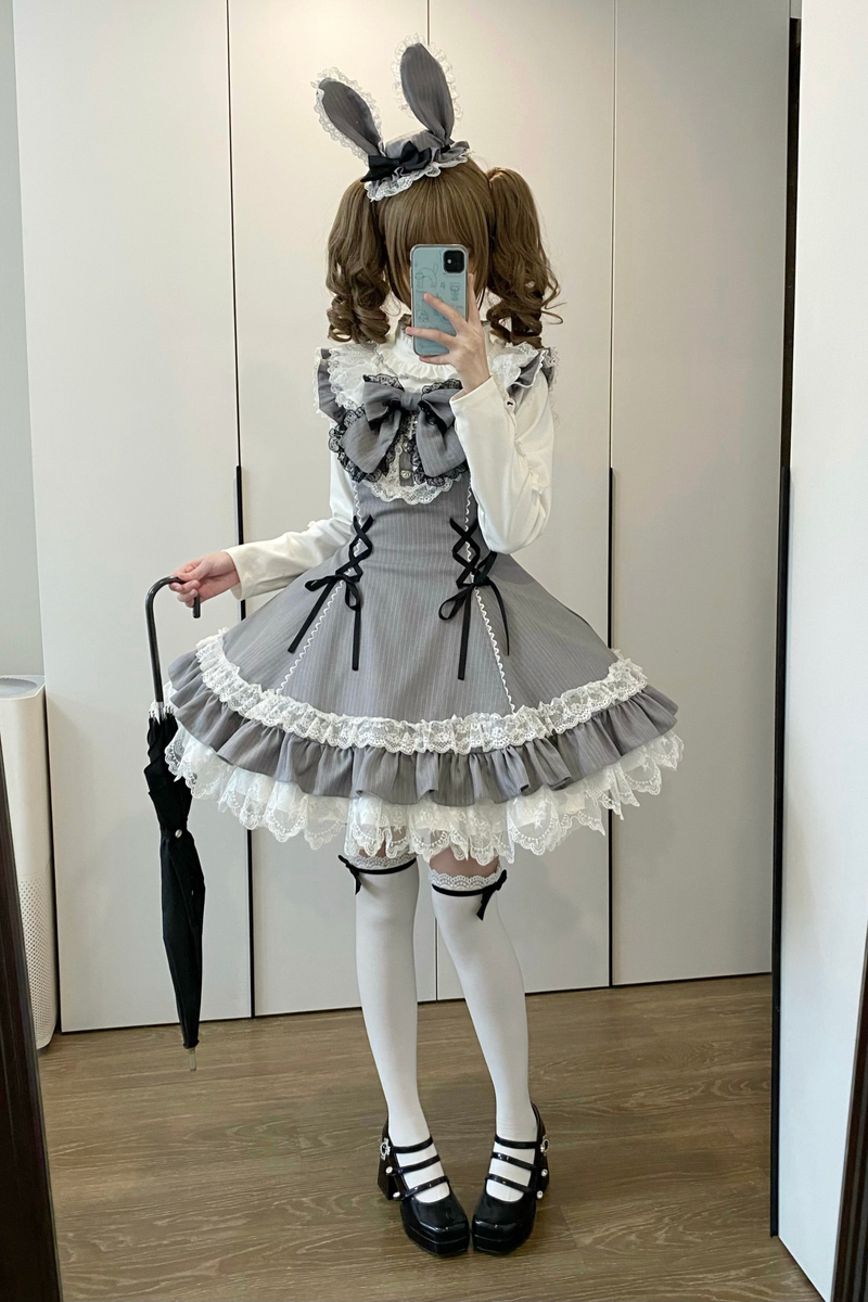 Sweet Lolita Stripe Jumper Skirt + Rabbit Hat