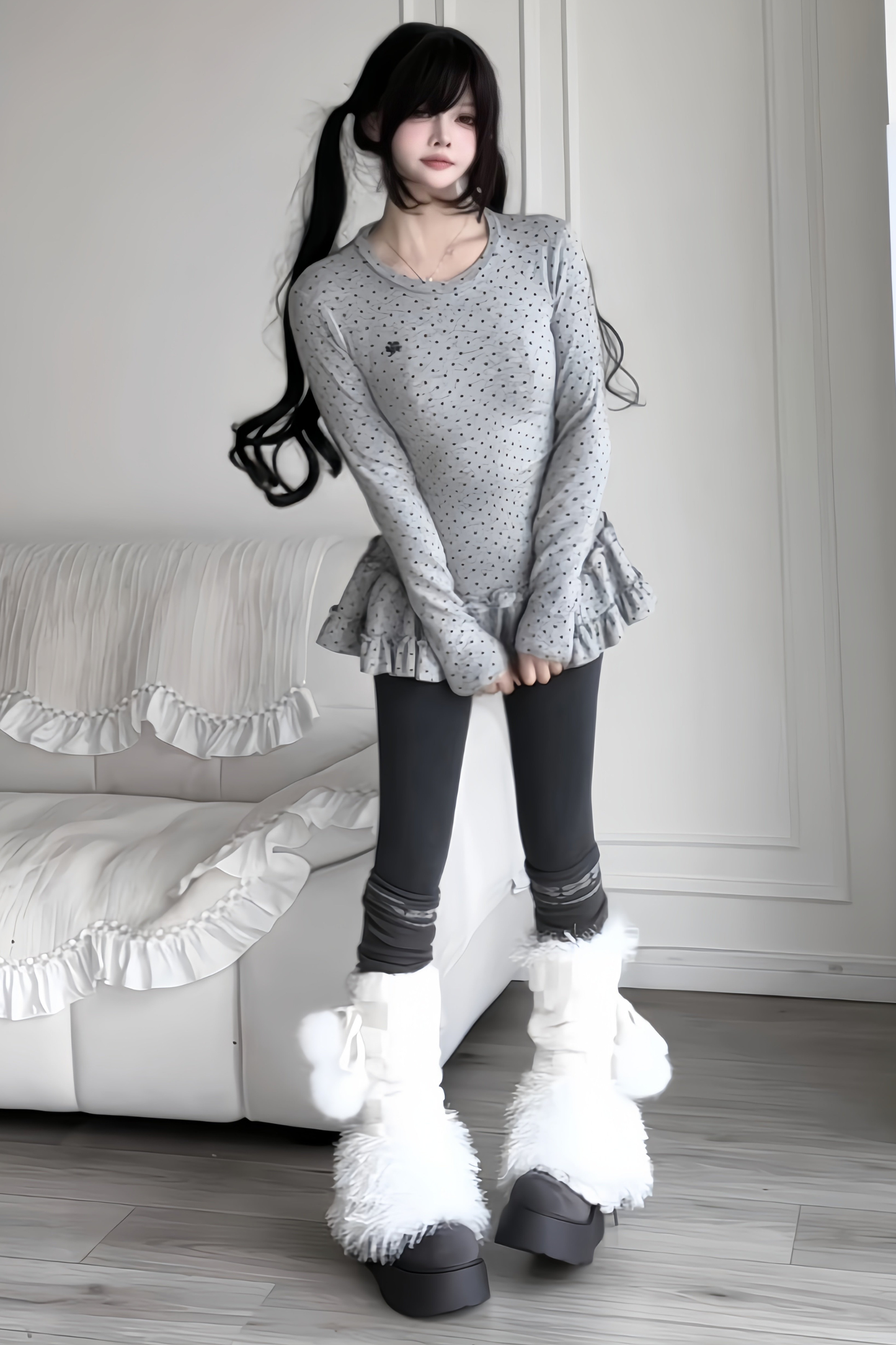 Polka Dot Slim Frill Top