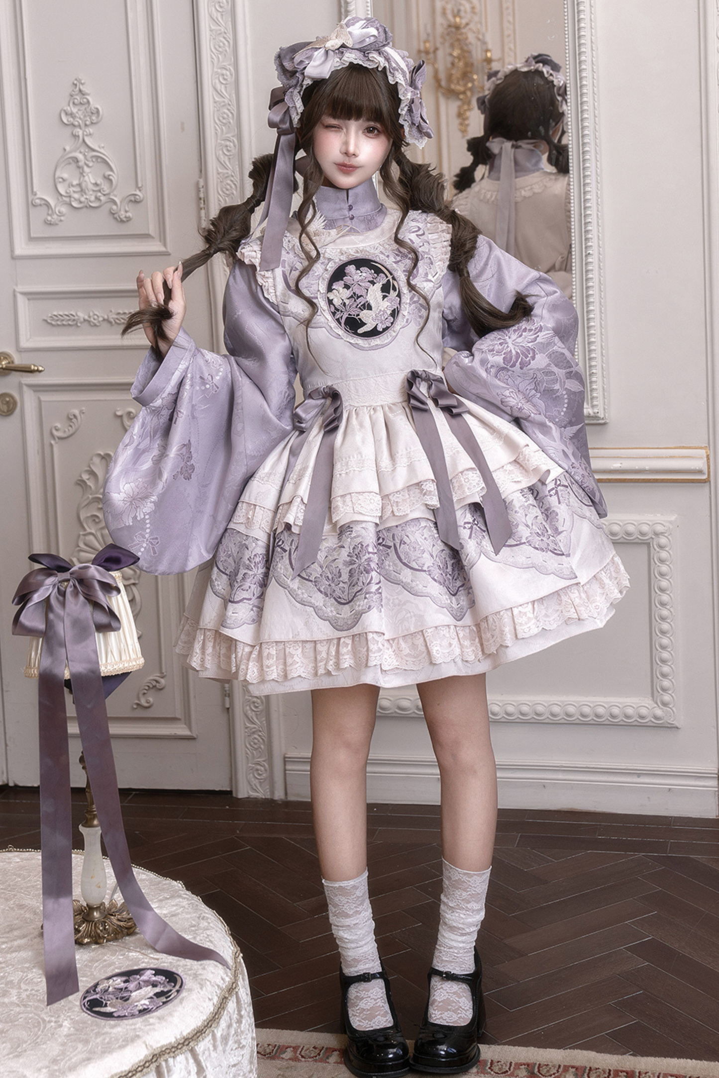Chinese-style Stand Collar Jacket + Suspender Dress + Hairband