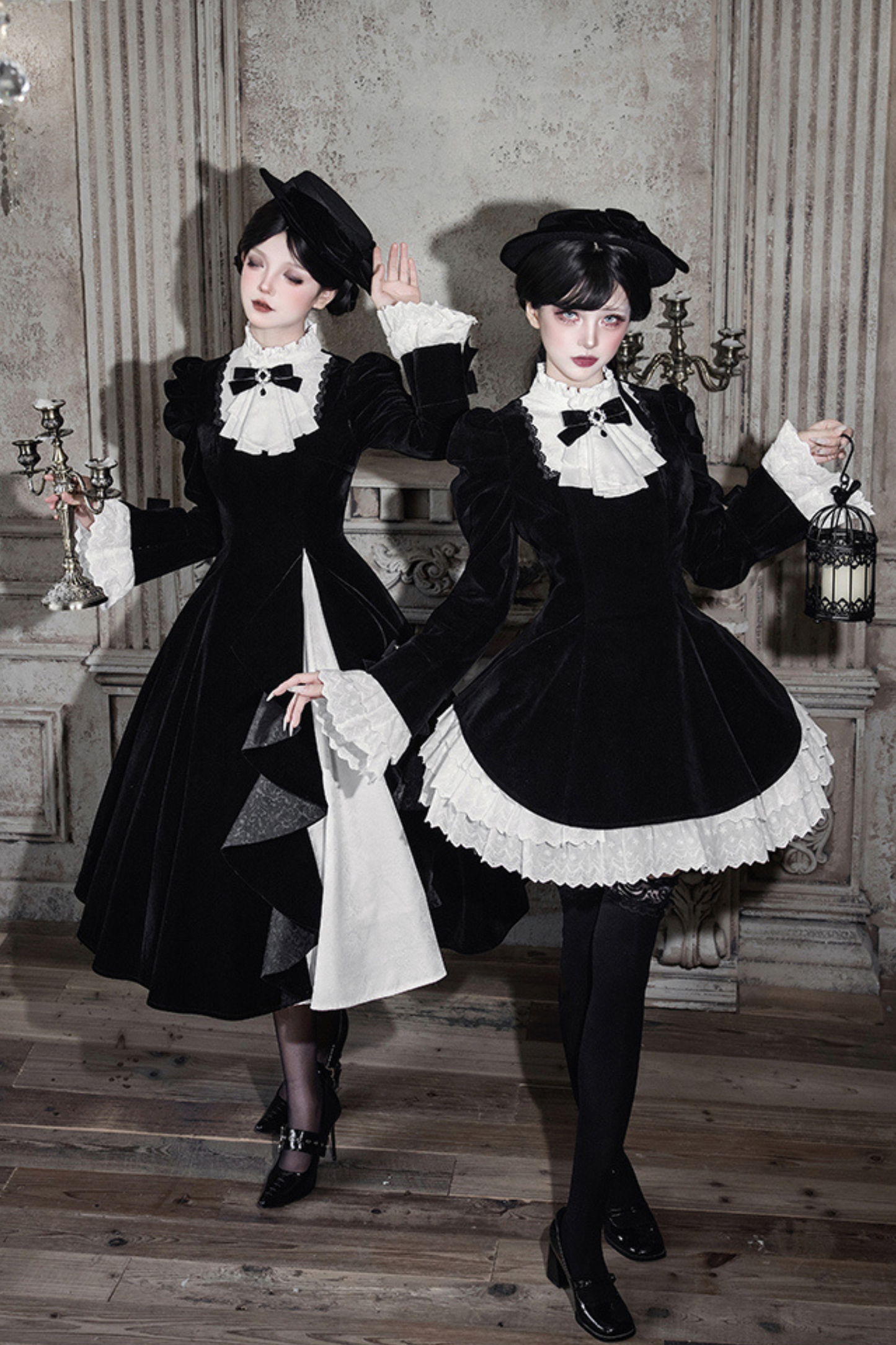 Slim Contrast Color Twin Dress + Collar + Bow + Brooch + Hat