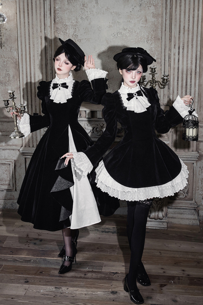 Slim Contrast Color Twin Dress + Collar + Bow + Brooch + Hat