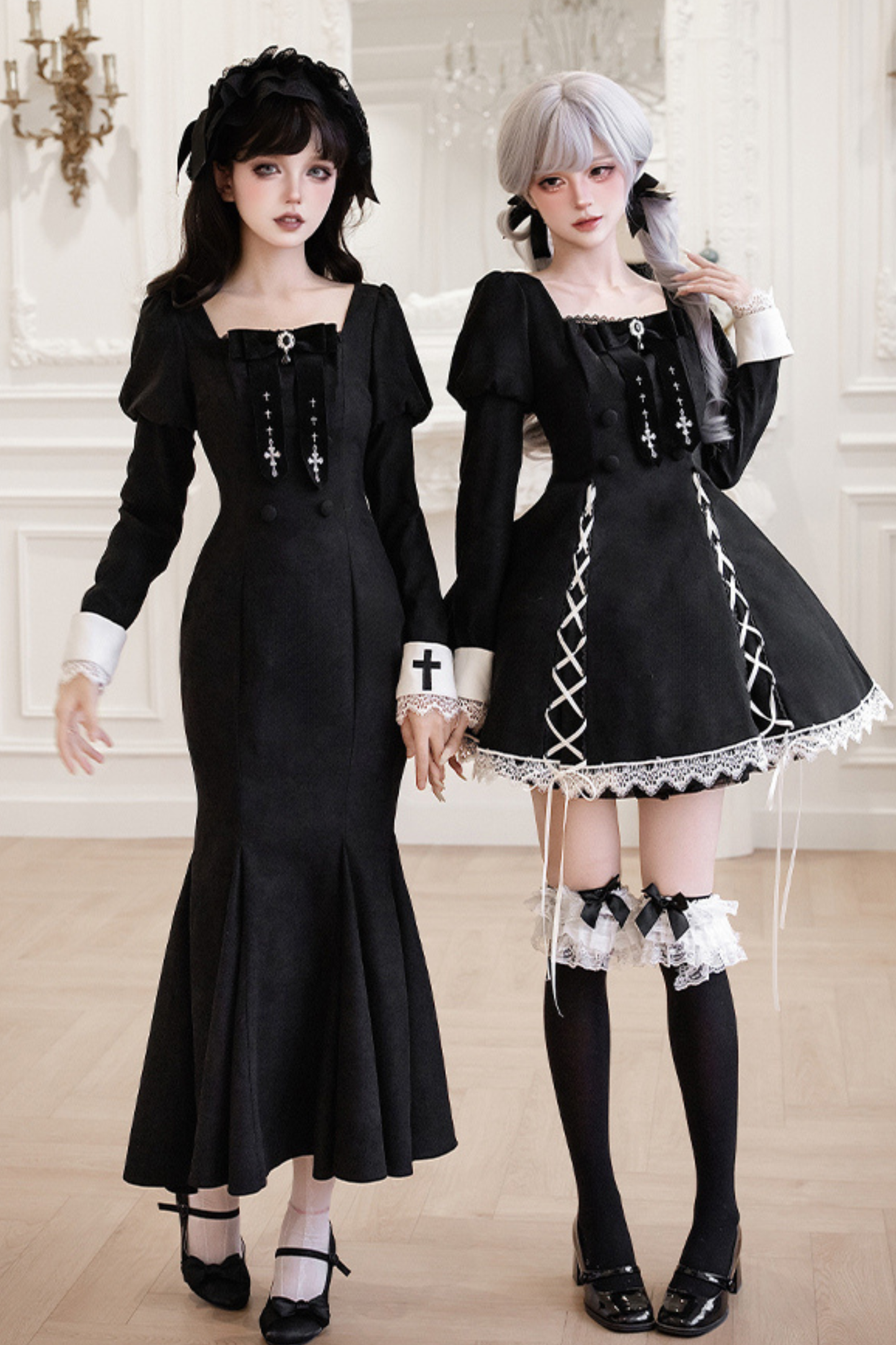 Mermaid Dress + Lace-up Short Dress + Cloak + Collar + Ribbon Brooch