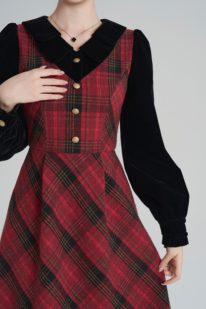 Red Retro Check Tweed Dress