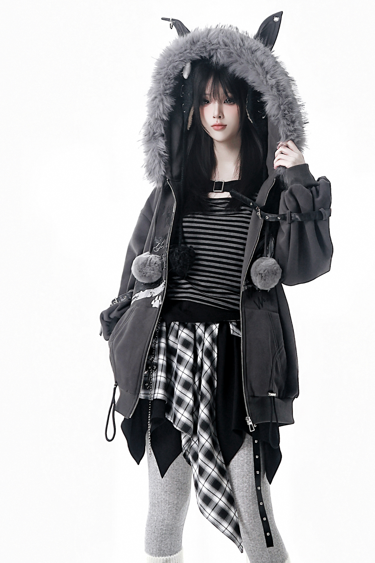 Fur Ball Fur Hooded Jacket + Top + Skirt
