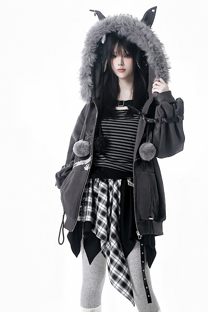 Fur Ball Fur Hooded Jacket + Top + Skirt