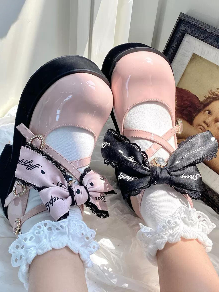 Black Pink Jewel Ribbon Platform Shoes
