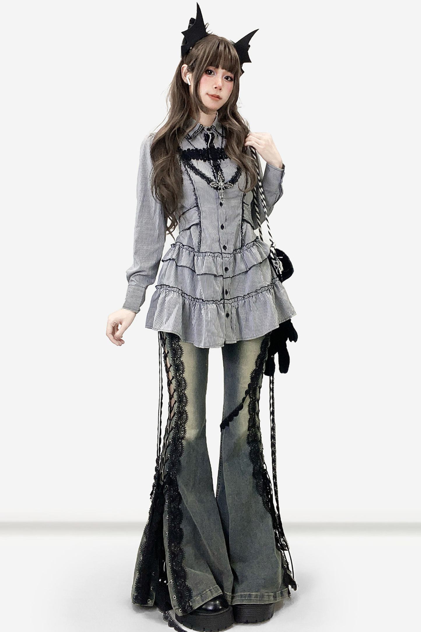 Striped Lace Midi Patchwork Shirt Dress