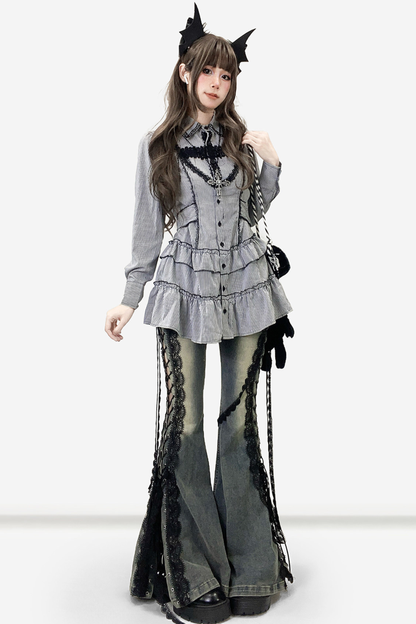 Striped Lace Midi Patchwork Shirt Dress