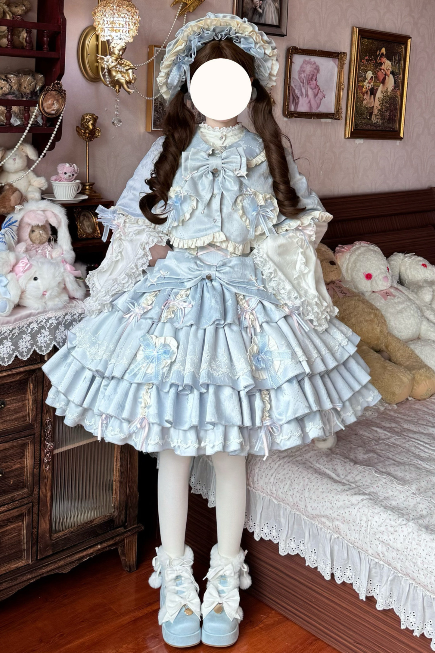 Layered Ruffle Sweet Princess Lolita Jumper Skirt + Tail + Headband + Cape + Bonnet